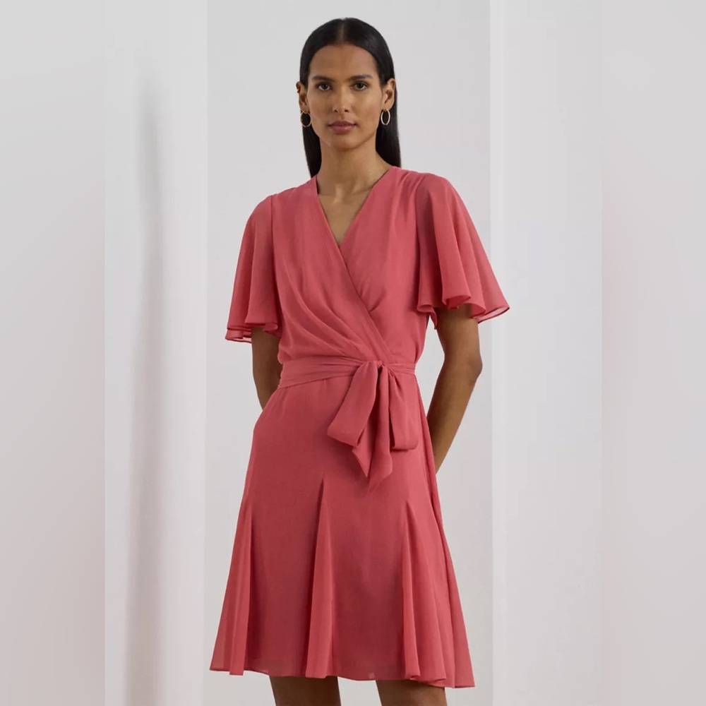Ralph Lauren Rose Crinkle Georgette Surplice Dress (Size 12)